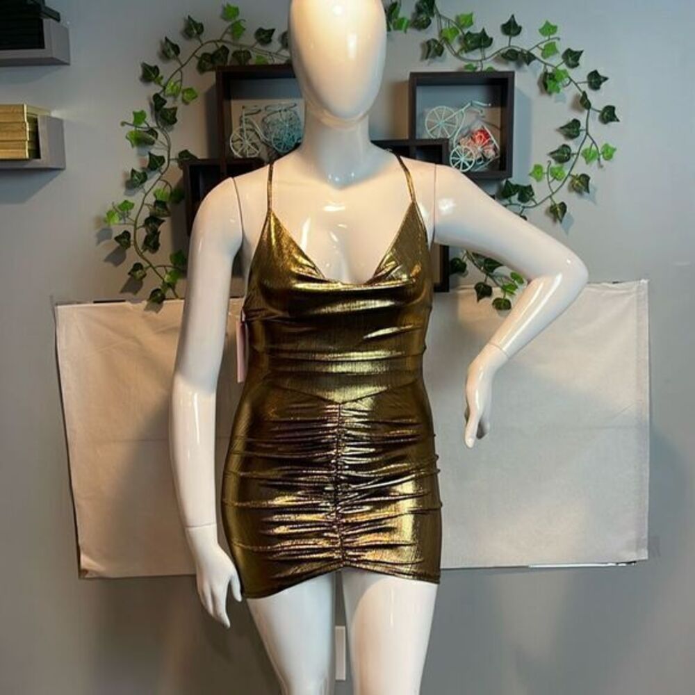 Micas Metallic Cowl Neckline Mini‎ Bodycon dress Gold Reflective L